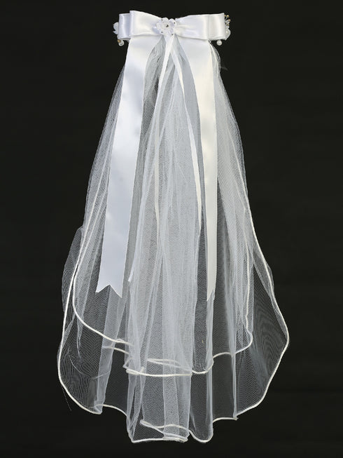 Lito Girls White 24 Inch Pearl Rhinestone Organza Flower Bow Communion Veil - SophiasStyle.com
